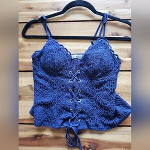 Lily White Dark Blue Lace Camisole Padded Corset Crop Top - Size Small